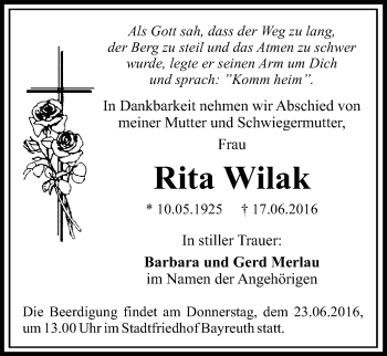 Anzeige von Rita Wilak von Nordbayerischer Kurier