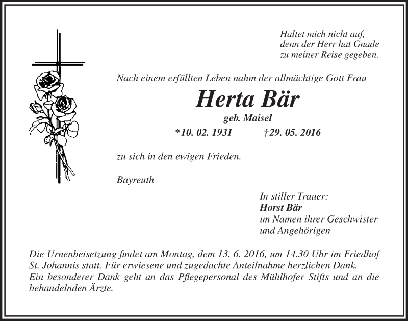  Traueranzeige für Herta Bär vom 10.06.2016 aus Nordbayerischer Kurier