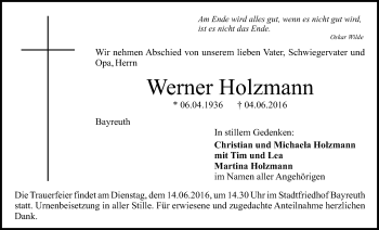 Anzeige von Werner Holzmann von Nordbayerischer Kurier