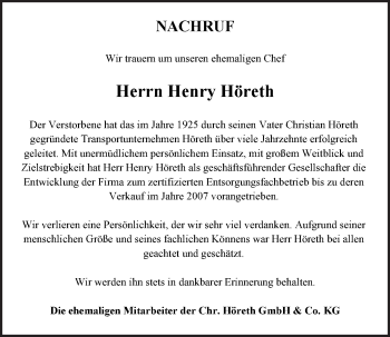 Anzeige von Henry Höreth von Nordbayerischer Kurier