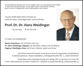 Anzeige von Hans Weidinger von Nordbayerischer Kurier