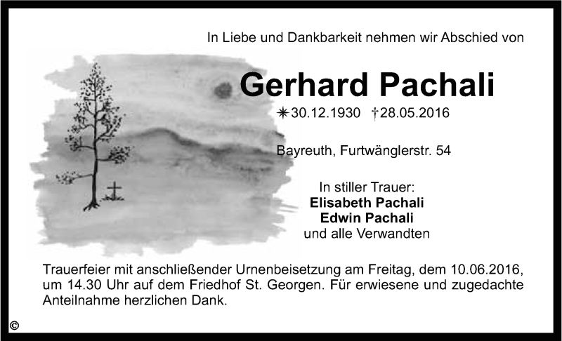  Traueranzeige für Gerhard Pachali vom 07.06.2016 aus Nordbayerischer Kurier
