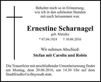 Anzeige von Ernestine Scharnagel von Nordbayerischer Kurier