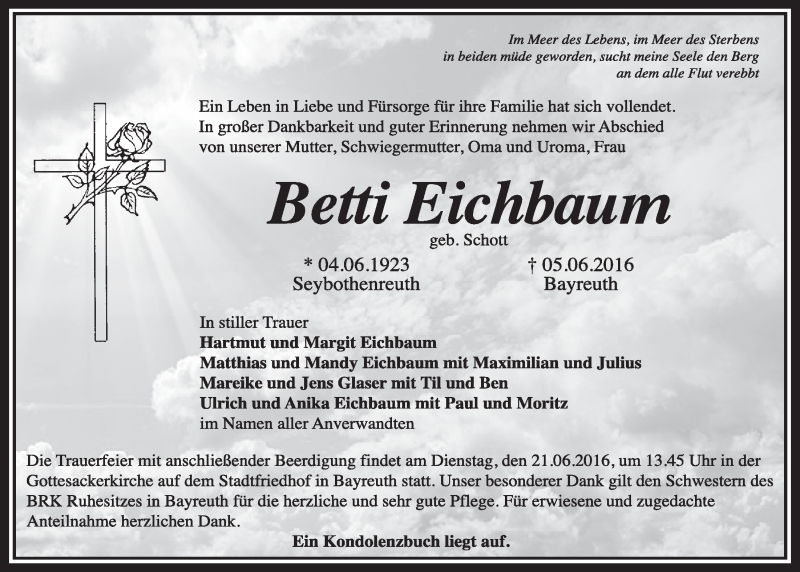  Traueranzeige für Betti Eichbaum vom 17.06.2016 aus Nordbayerischer Kurier