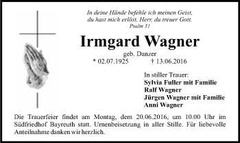 Anzeige von Irmgard Wagner von Nordbayerischer Kurier