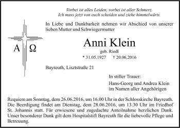 Anzeige von Anni Klein von Nordbayerischer Kurier