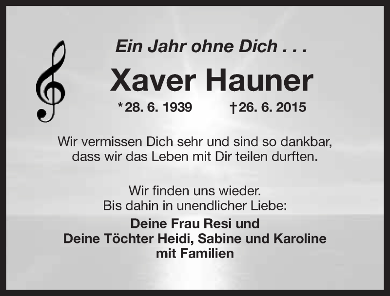  Traueranzeige für Franz Xaver Hauner vom 25.06.2016 aus Nordbayerischer Kurier