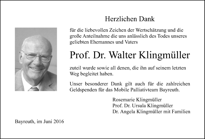  Traueranzeige für Walter Klingmüller vom 18.06.2016 aus Nordbayerischer Kurier
