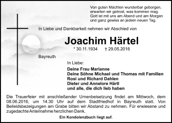 Anzeige von Joachim Härtel von Nordbayerischer Kurier