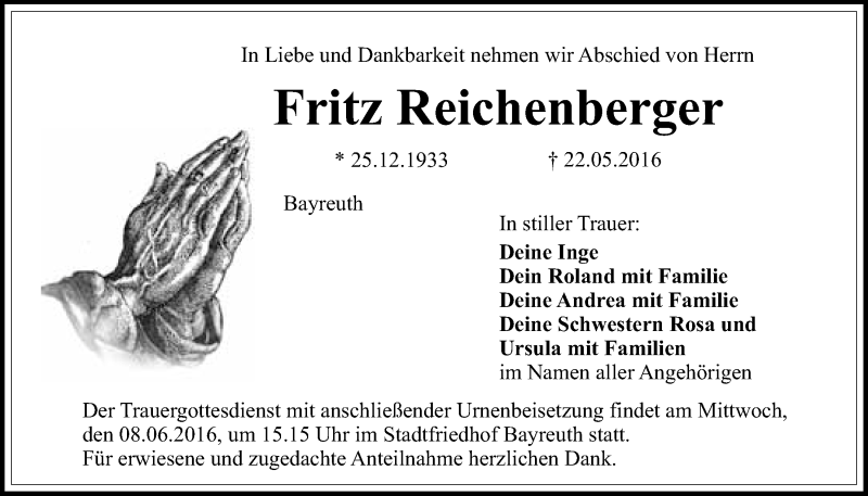  Traueranzeige für Fritz Reichenberger vom 06.06.2016 aus Nordbayerischer Kurier