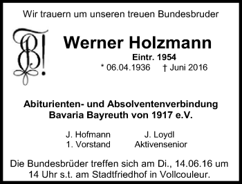 Anzeige von Werner Holzmann von Nordbayerischer Kurier