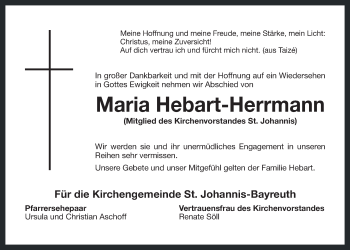 Anzeige von Maria Hebart-Herrmann von Nordbayerischer Kurier