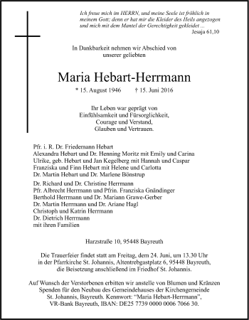Anzeige von Maria Hebart-Herrmann von Nordbayerischer Kurier