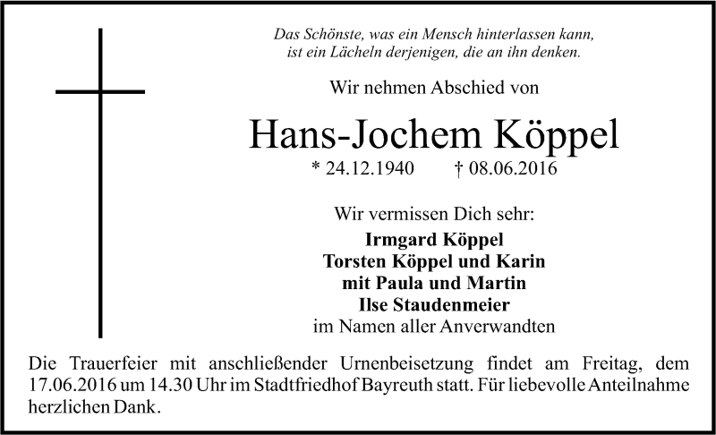  Traueranzeige für Hans-Jochem Köppel vom 15.06.2016 aus Nordbayerischer Kurier