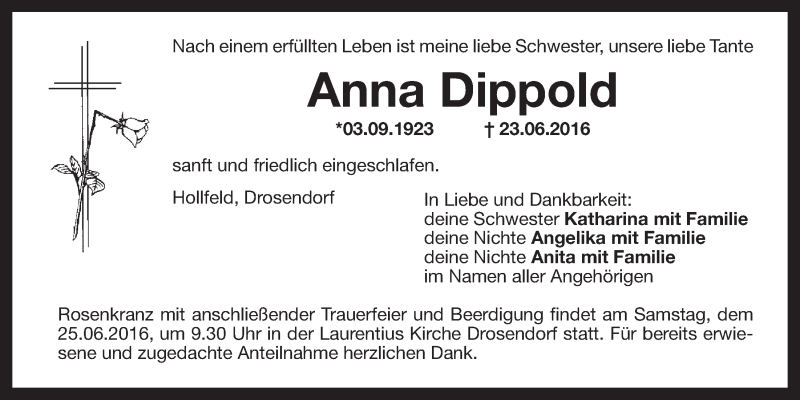  Traueranzeige für Anna Dippold vom 24.06.2016 aus Nordbayerischer Kurier