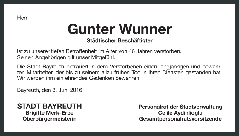  Traueranzeige für Gunter Wunner vom 08.06.2016 aus Nordbayerischer Kurier