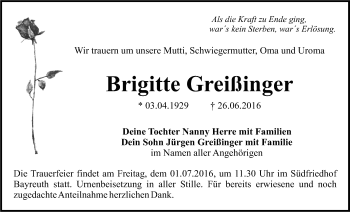 Anzeige von Brigitte Greißinger von Nordbayerischer Kurier