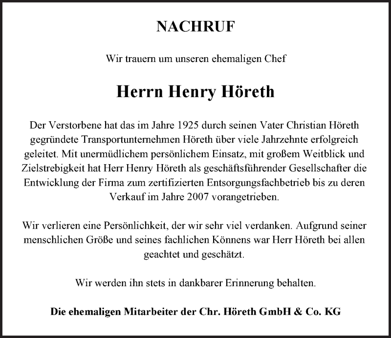  Traueranzeige für Henry Höreth vom 01.06.2016 aus Nordbayerischer Kurier
