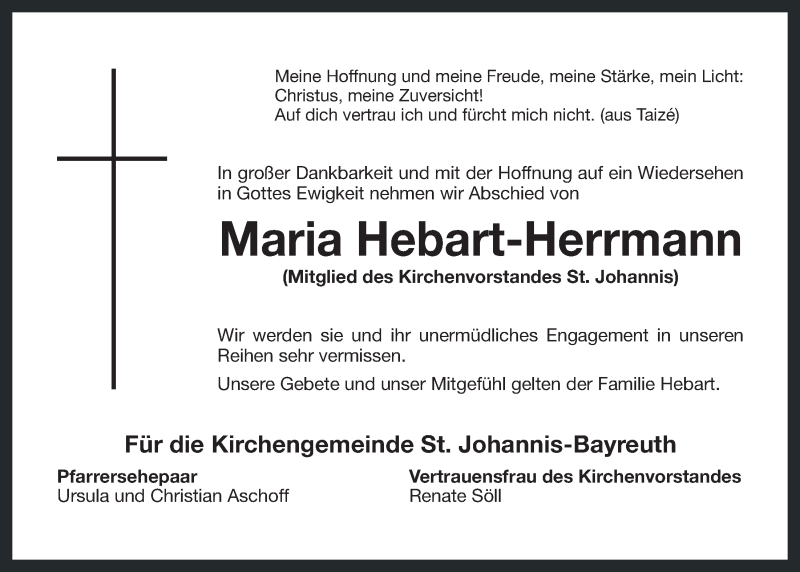  Traueranzeige für Maria Hebart-Herrmann vom 23.06.2016 aus Nordbayerischer Kurier