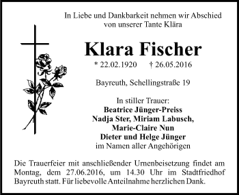 Anzeige von Klara Fischer von Nordbayerischer Kurier