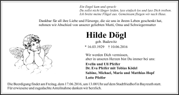 Anzeige von Hilde Dögl von Nordbayerischer Kurier