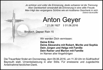 Anzeige von Anton Geyer von Nordbayerischer Kurier