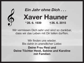 Anzeige von Franz Xaver Hauner von Nordbayerischer Kurier