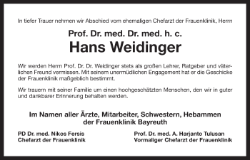 Anzeige von Hans Weidinger von Nordbayerischer Kurier