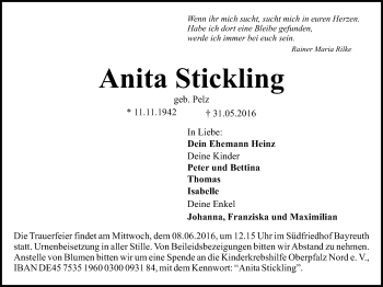 Anzeige von Anita Stickling von Nordbayerischer Kurier