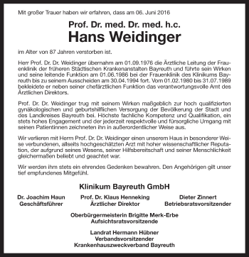 Anzeige von Hans Weidinger von Nordbayerischer Kurier
