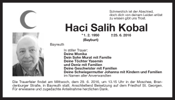 Anzeige von Haci Salih Kobal von Nordbayerischer Kurier