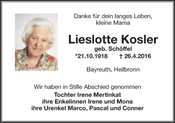 Anzeige von Lieslotte Kosler von Nordbayerischer Kurier