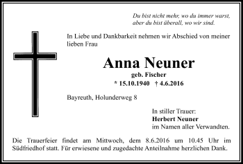 Anzeige von Anna Neuner von Nordbayerischer Kurier