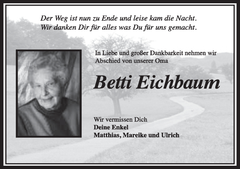  Traueranzeige für Betti Eichbaum vom 17.06.2016 aus Nordbayerischer Kurier