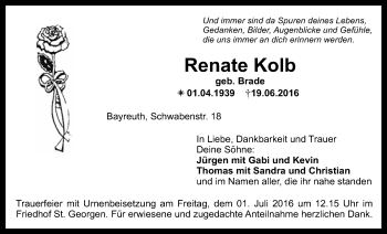 Anzeige von Renate Kolb von Nordbayerischer Kurier