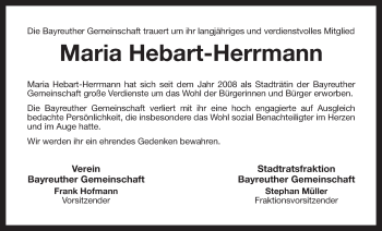 Anzeige von Maria Hebart-Herrmann von Nordbayerischer Kurier