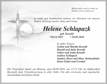 Anzeige von Helene Schlapazk von Nordbayerischer Kurier