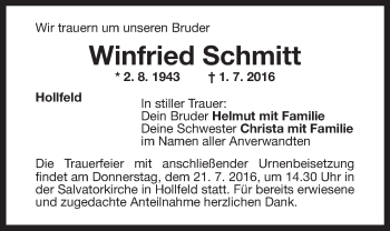 Anzeige von Winfried Schmitt von Nordbayerischer Kurier