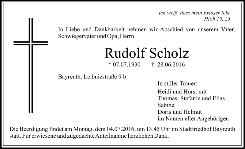  Traueranzeige für Rudolf Scholz vom 01.07.2016 aus Nordbayerischer Kurier