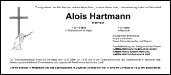 Anzeige von Alois Hartmann von Nordbayerischer Kurier