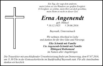 Anzeige von Erna Angenendt von Nordbayerischer Kurier