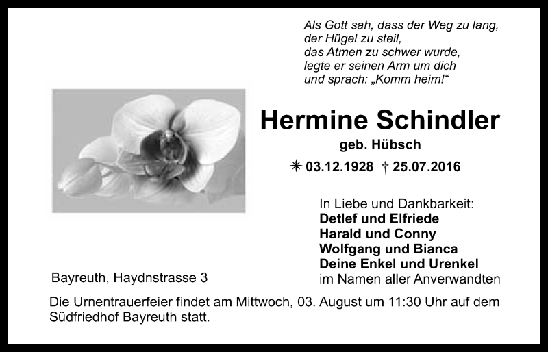 Traueranzeige für Hermine Schindler vom 30.07.2016 aus Nordbayerischer Kurier