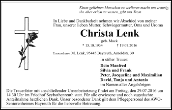 Anzeige von Christa Lenk von Nordbayerischer Kurier