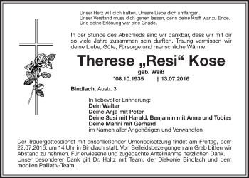 Anzeige von Therese Kose von Nordbayerischer Kurier