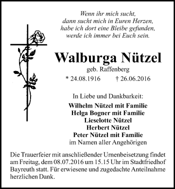 Anzeige von Walburga Nützel von Nordbayerischer Kurier