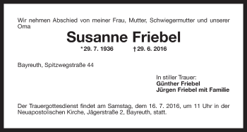 Anzeige von Susanne Friebel von Nordbayerischer Kurier