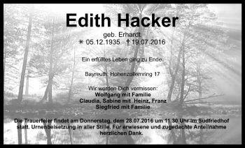 Anzeige von Edith Hacker von Nordbayerischer Kurier