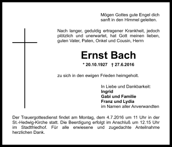 Anzeige von Ernst Bach von Nordbayerischer Kurier