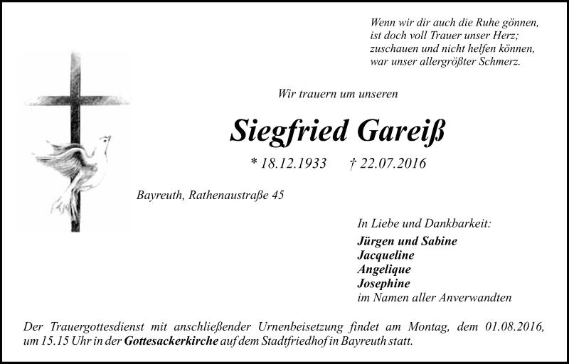  Traueranzeige für Siegfried Gareiß vom 27.07.2016 aus Nordbayerischer Kurier