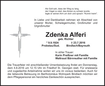 Anzeige von Zdenka Alferi von Nordbayerischer Kurier